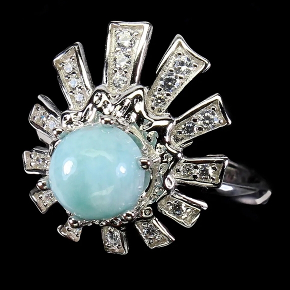 Natural Blue Larimar‎ 7mm & Cz 925 Sterling Silver Ring Size 6 - Picture 3 of 5